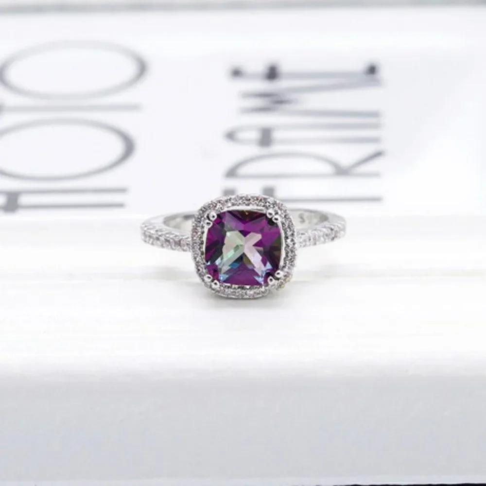 Sterling Silver Rainbow Topaz Diamond Halo Ring